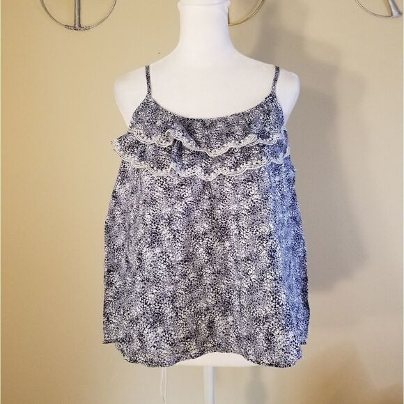 NWT! Banana Republic Blue White Mottled Print Scalloped Ruffle Tank Petite Small - Picture 1 of 9